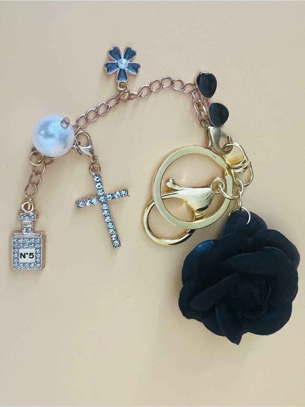 Black Rose Charm Keychain with Gold Chain and Pearl Accent